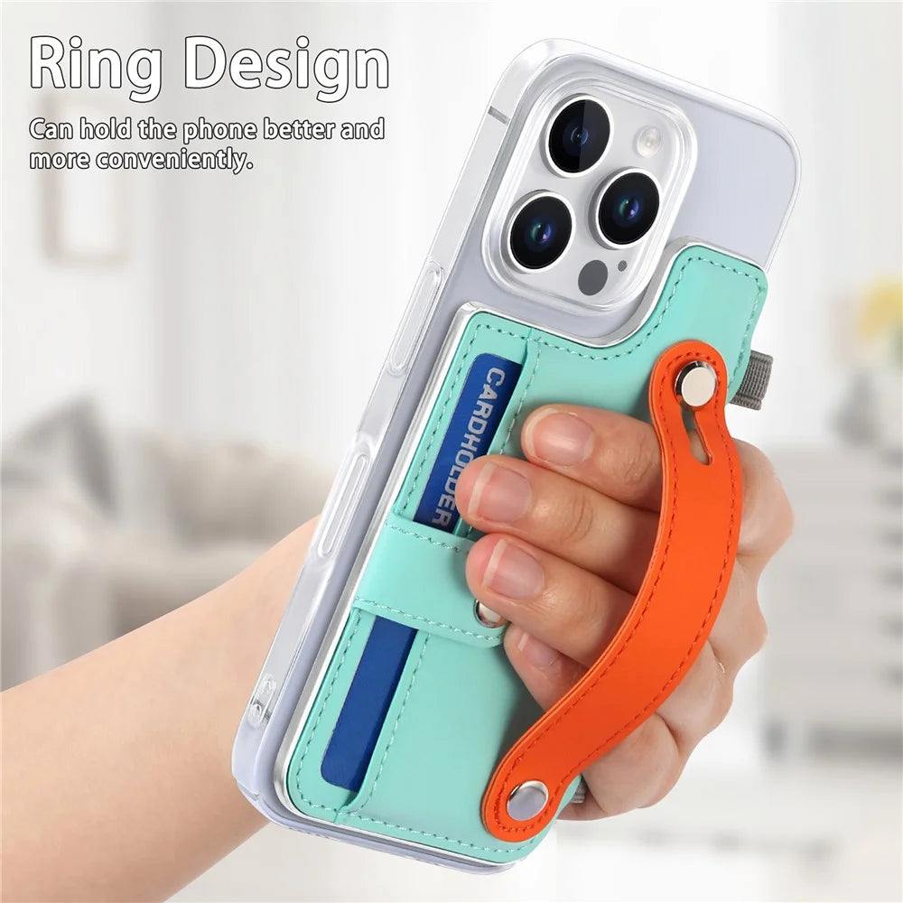 CY1 For iPhone 16 Pro Case Card Slot Wristband Kickstand Leather+PC Phone Cover - Mint Green - 6