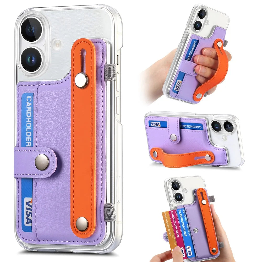 CY1 For iPhone 16 Case Card Slot Wristband Kickstand Leather+PC Phone Cover - Purple - 1