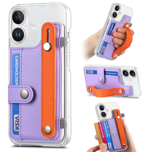 CY1 For iPhone 16 Case Card Slot Wristband Kickstand Leather+PC Phone Cover - Purple - 1