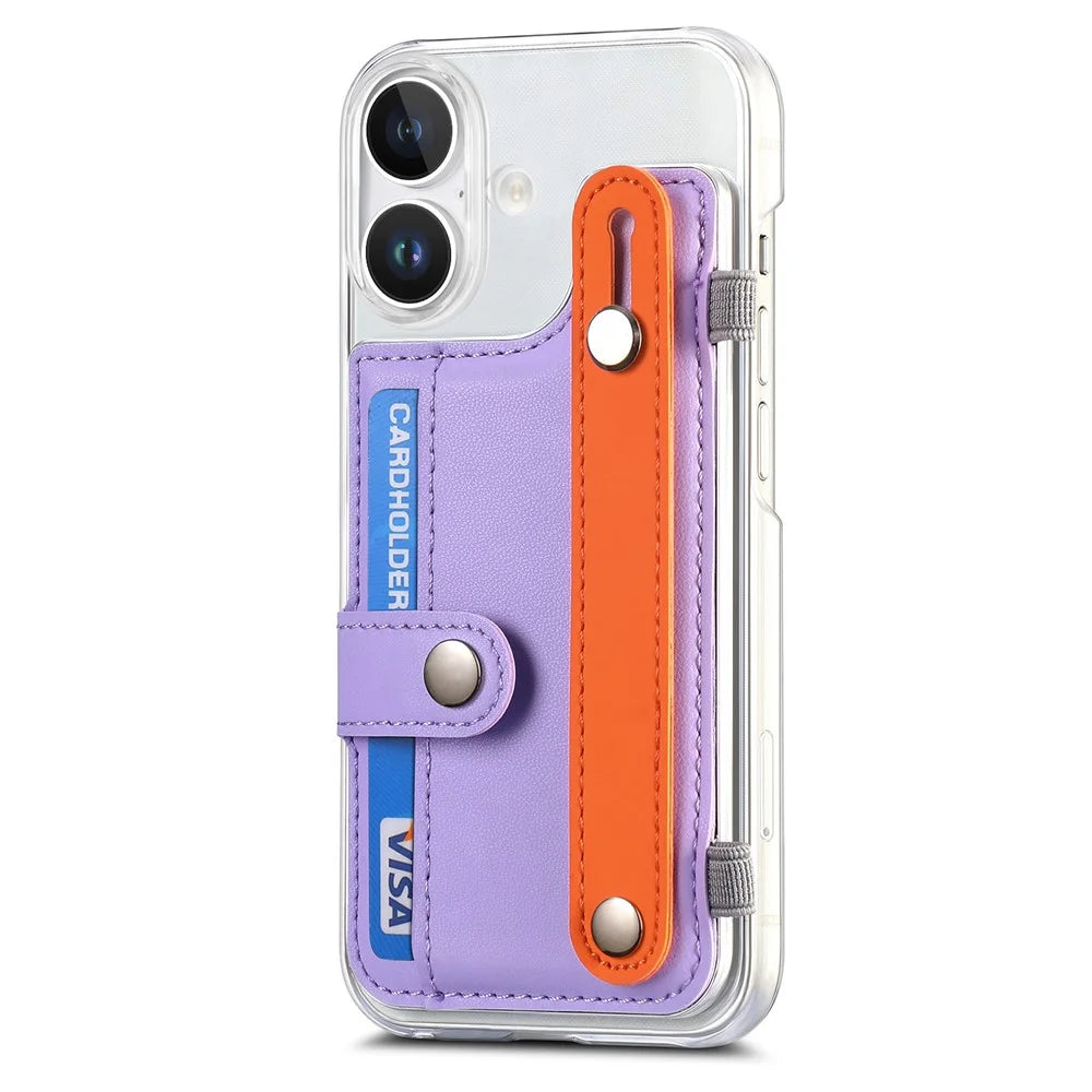 CY1 For iPhone 16 Case Card Slot Wristband Kickstand Leather+PC Phone Cover - Purple - 2