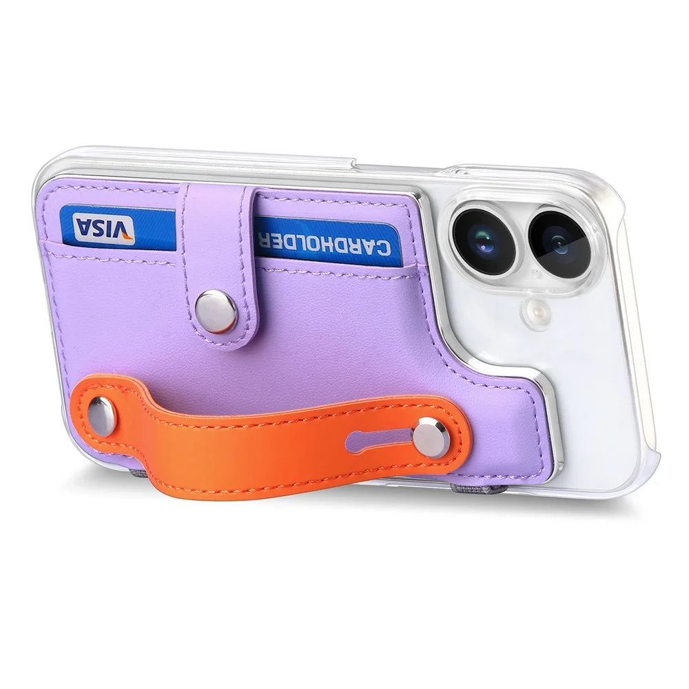 CY1 For iPhone 16 Case Card Slot Wristband Kickstand Leather+PC Phone Cover - Purple - 3