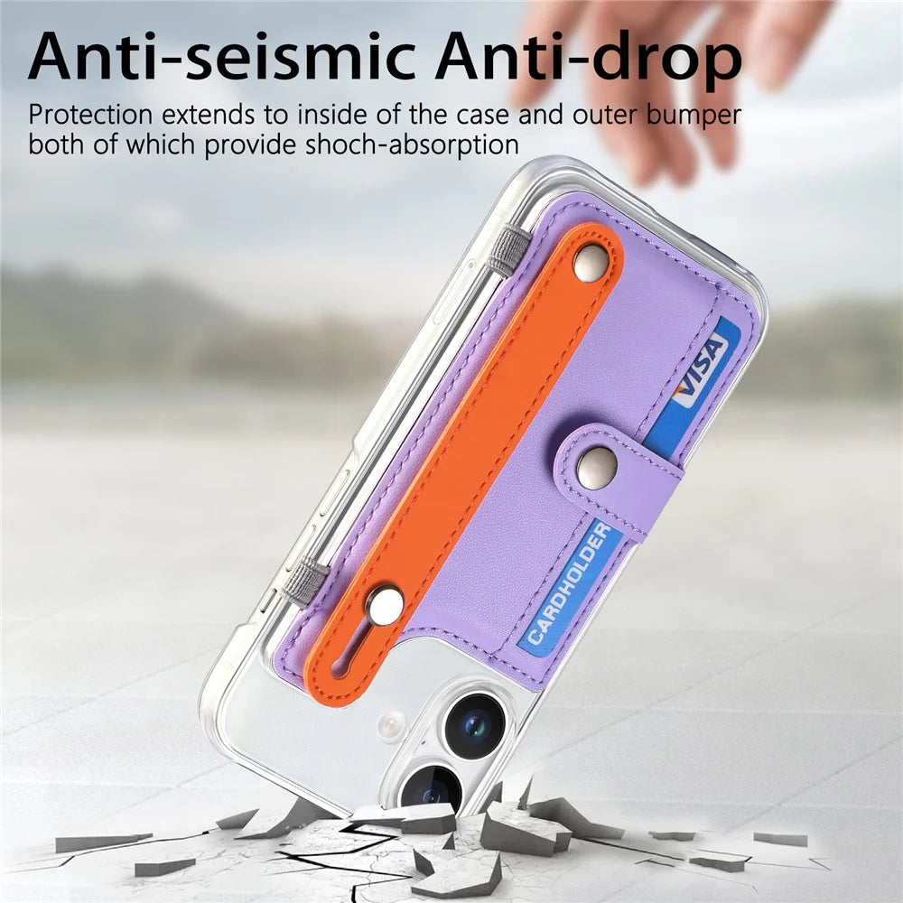 CY1 For iPhone 16 Case Card Slot Wristband Kickstand Leather+PC Phone Cover - Purple - 4