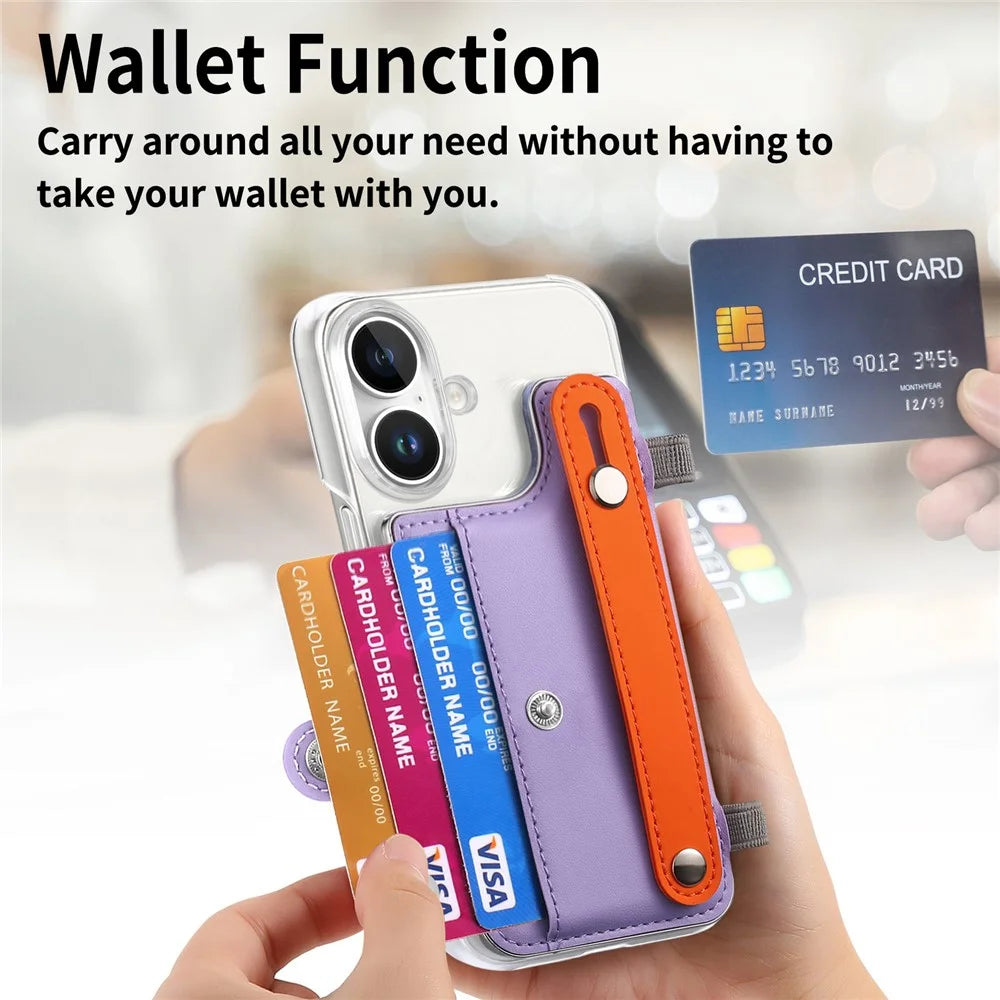 CY1 For iPhone 16 Case Card Slot Wristband Kickstand Leather+PC Phone Cover - Purple - 5