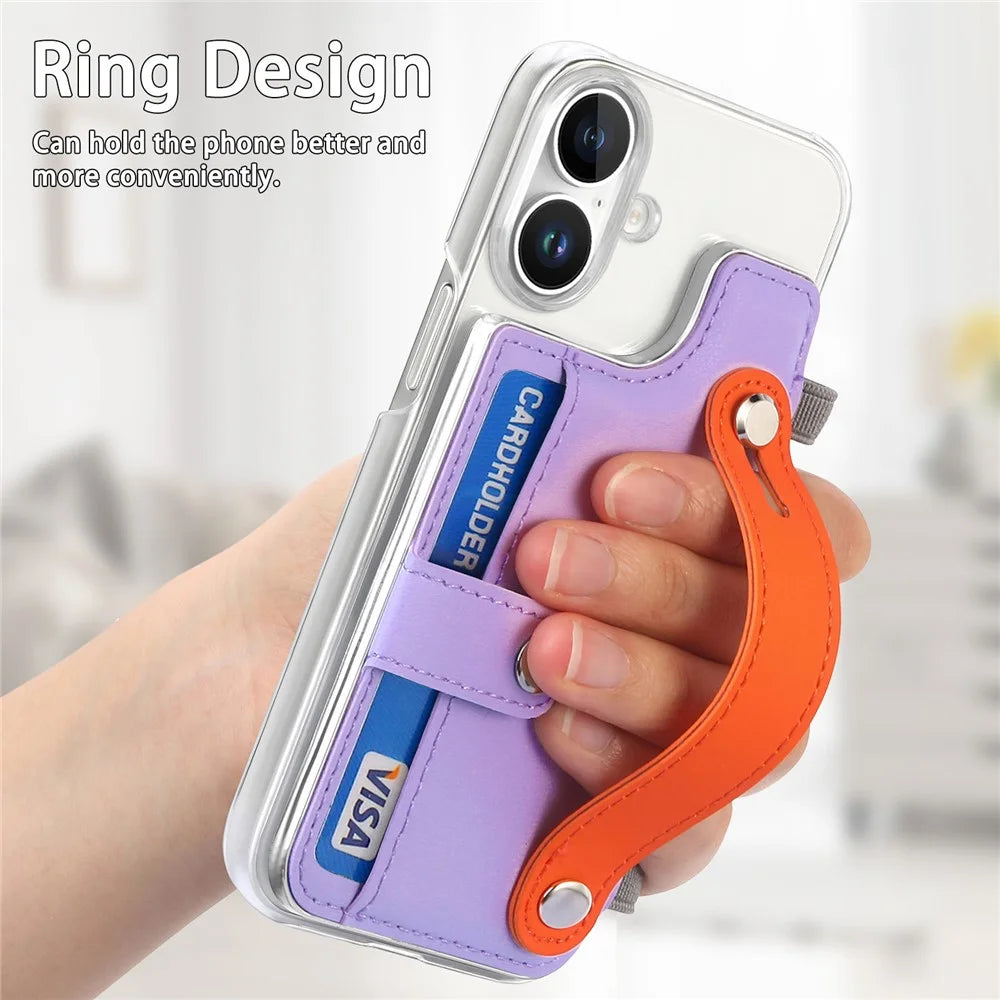 CY1 For iPhone 16 Case Card Slot Wristband Kickstand Leather+PC Phone Cover - Purple - 6