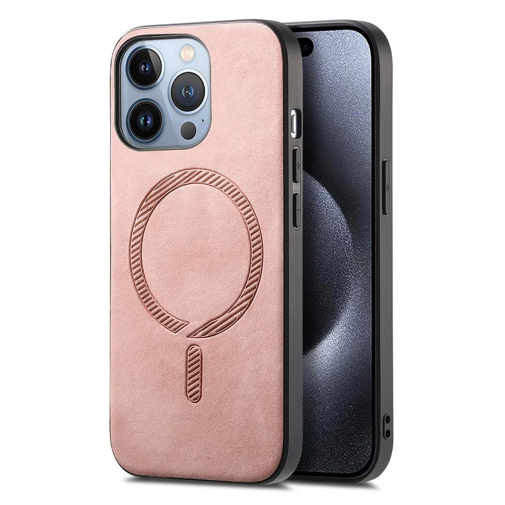 B1 For iPhone 16 Pro Leather Back Case Compatible with MagSafe Skin-Touch Phone Cover - Pink - 1