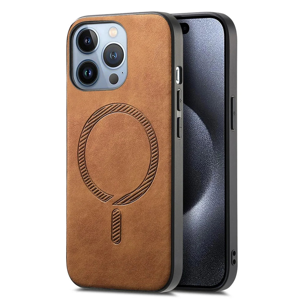 B1 For iPhone 16 Pro Max Leather Back Case Compatible with MagSafe Skin-Touch Phone Cover - Brown - 1