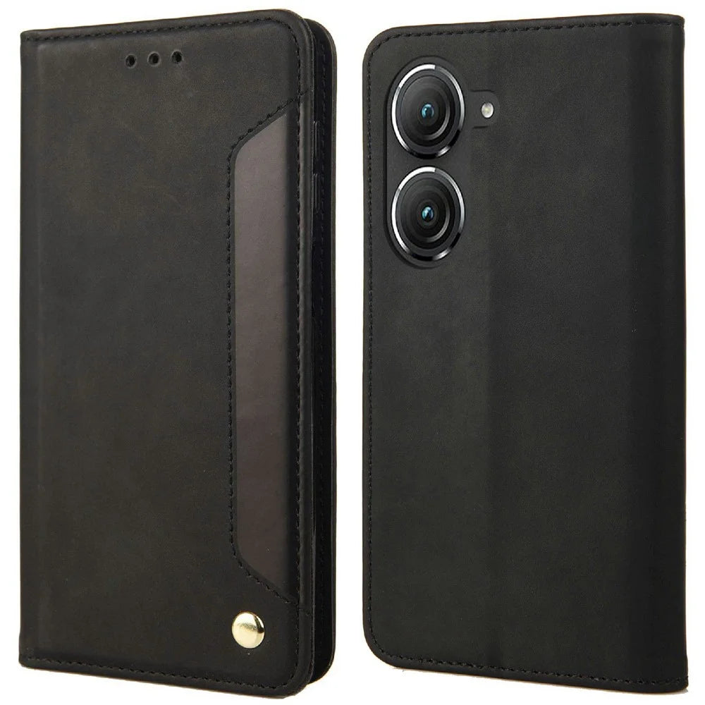 For Asus Zenfone 9 5G Anti-drop Splicing Phone Case PU Leather Magnetic Auto-absorbed Skin-touch Feeling Phone Wallet Cover with Stand - Black - 1