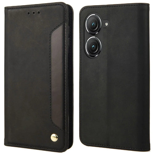 For Asus Zenfone 9 5G Anti-drop Splicing Phone Case PU Leather Magnetic Auto-absorbed Skin-touch Feeling Phone Wallet Cover with Stand - Black - 1