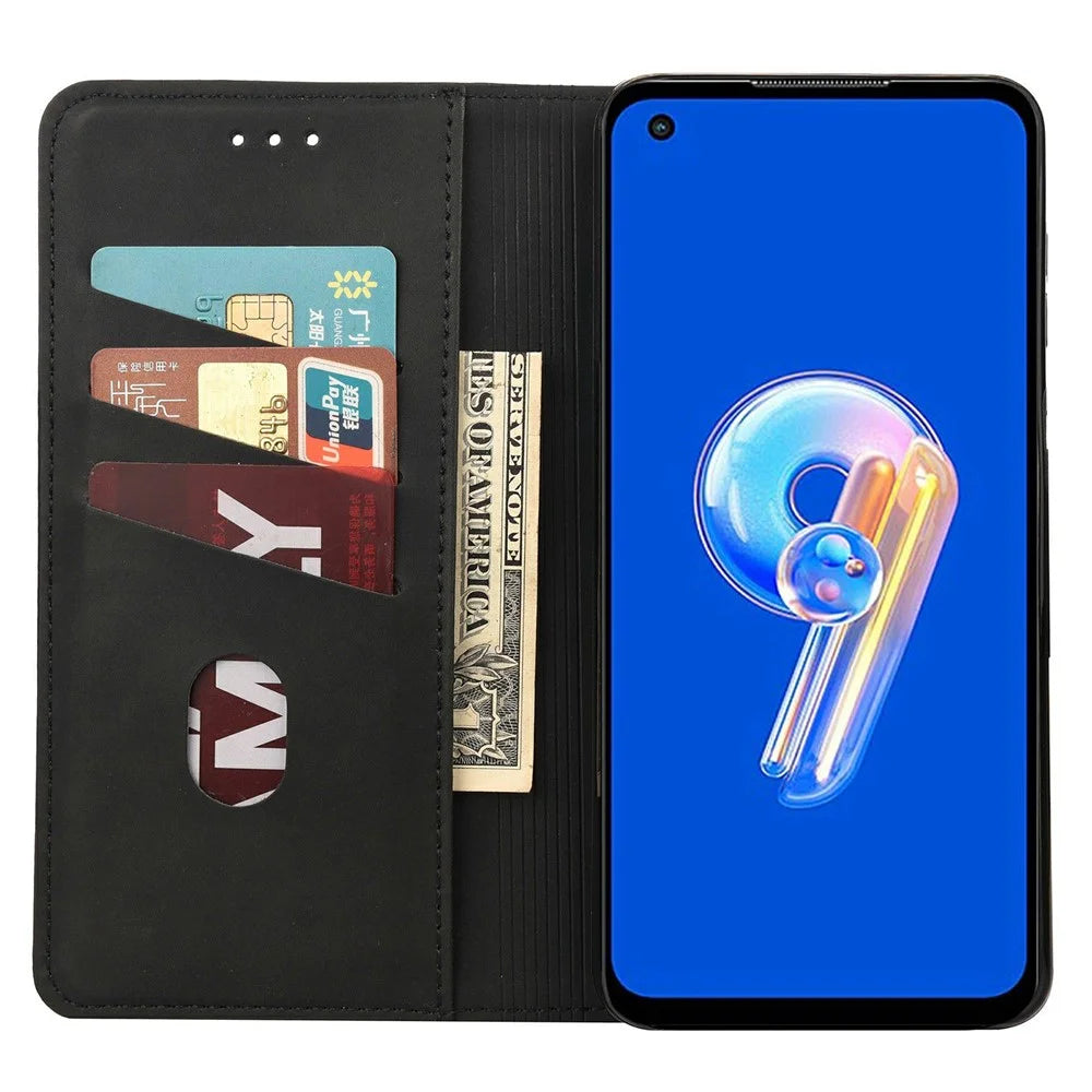 For Asus Zenfone 9 5G Anti-drop Splicing Phone Case PU Leather Magnetic Auto-absorbed Skin-touch Feeling Phone Wallet Cover with Stand - Black - 2