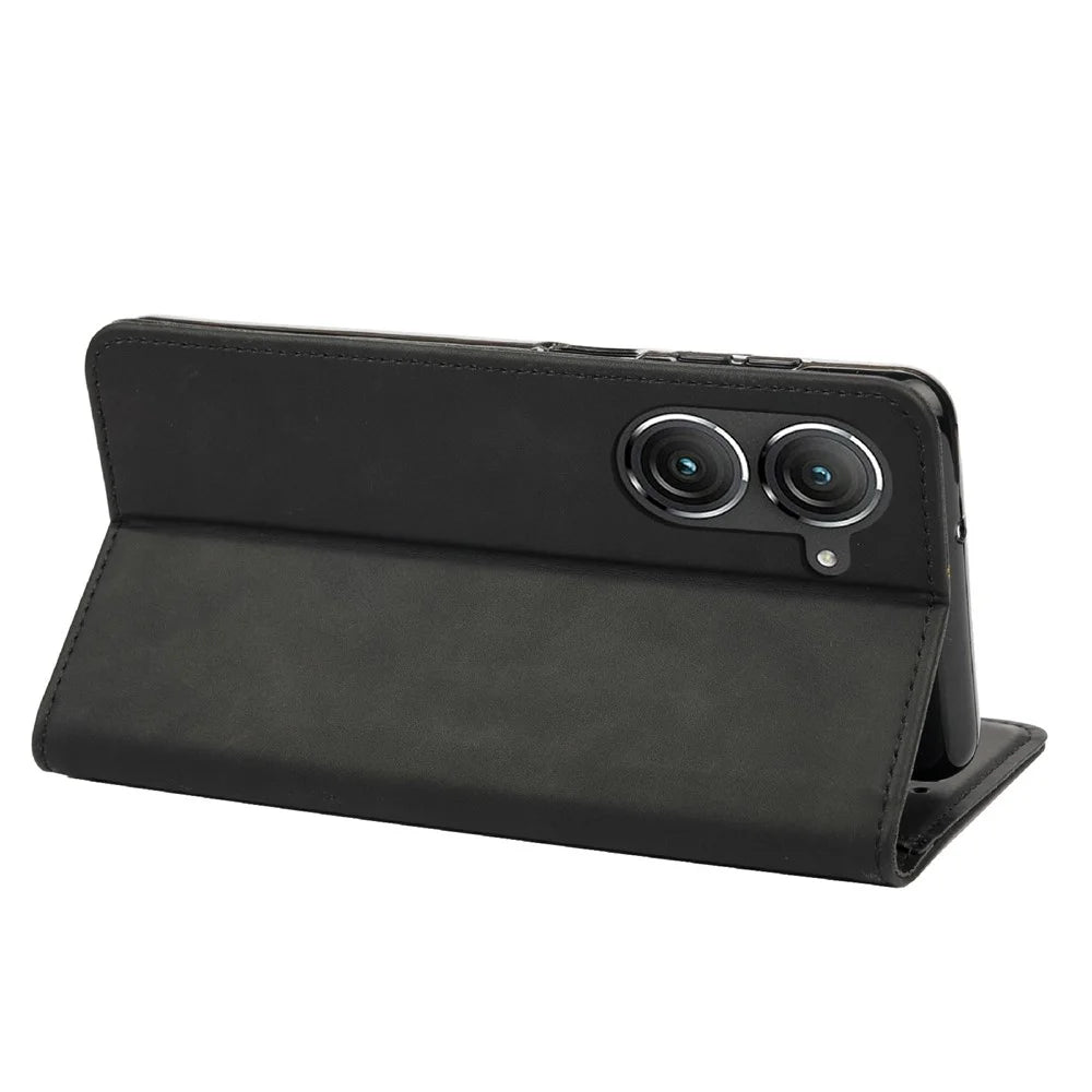 For Asus Zenfone 9 5G Anti-drop Splicing Phone Case PU Leather Magnetic Auto-absorbed Skin-touch Feeling Phone Wallet Cover with Stand - Black - 4