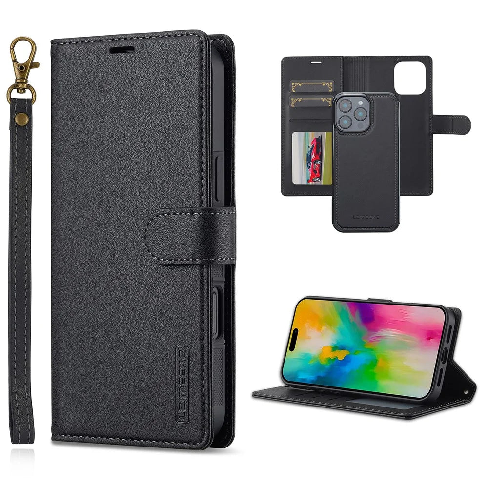 LC.IMEEKE L2 Series for iPhone 16 Pro Max Case PU Leather Wallet Detachable Magnetic Phone Cover - Black - 1