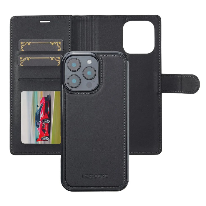 LC.IMEEKE L2 Series for iPhone 16 Pro Max Case PU Leather Wallet Detachable Magnetic Phone Cover - Black - 2