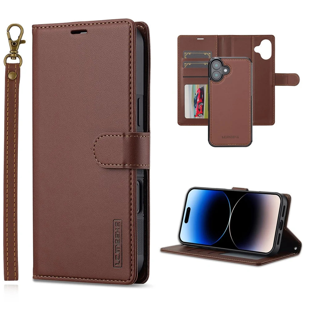 LC.IMEEKE L2 Series for iPhone 16 Case PU Leather Wallet Detachable Magnetic Phone Cover - Brown - 1