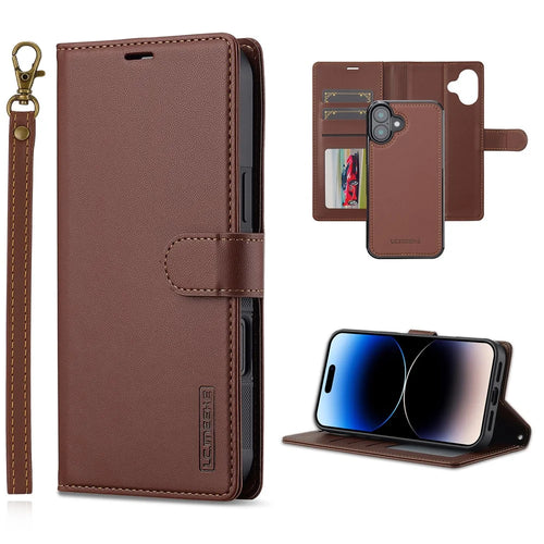 LC.IMEEKE L2 Series for iPhone 16 Case PU Leather Wallet Detachable Magnetic Phone Cover - Brown - 1