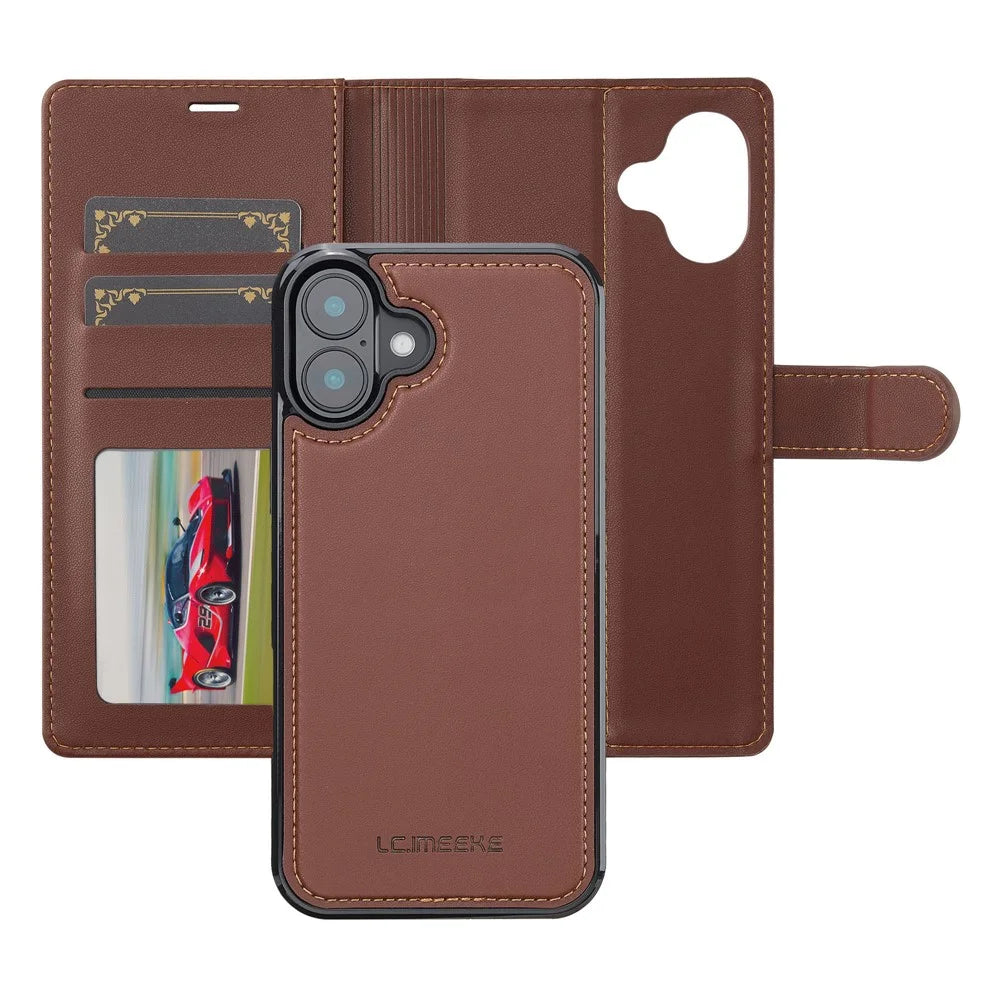 LC.IMEEKE L2 Series for iPhone 16 Case PU Leather Wallet Detachable Magnetic Phone Cover - Brown - 2