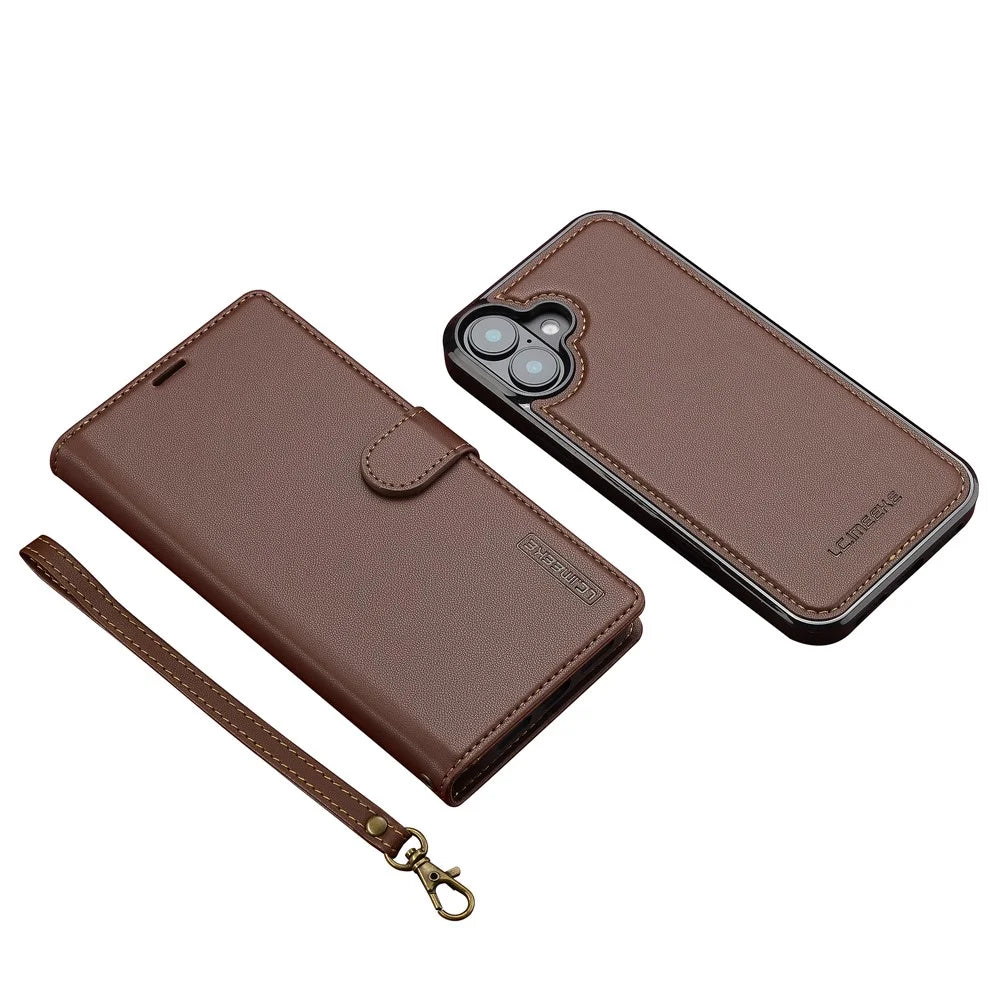 LC.IMEEKE L2 Series for iPhone 16 Case PU Leather Wallet Detachable Magnetic Phone Cover - Brown - 6