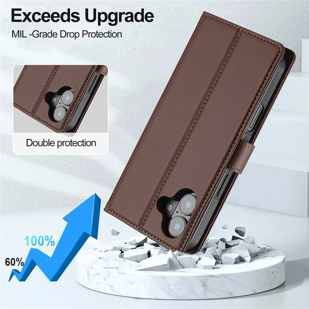 LC.IMEEKE L2 Series for iPhone 16 Case PU Leather Wallet Detachable Magnetic Phone Cover - Brown - 7
