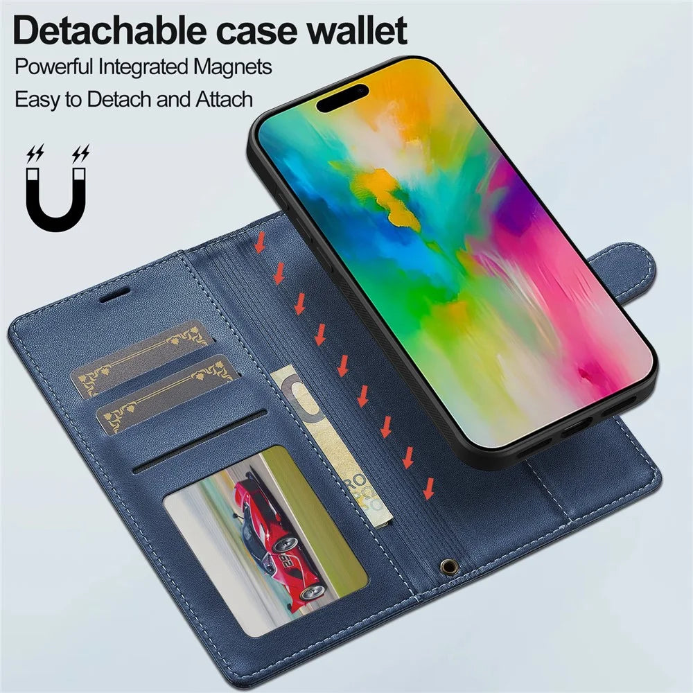 LC.IMEEKE L2 Series for iPhone 16 Pro Case PU Leather Wallet Detachable Magnetic Phone Cover - Blue - 7