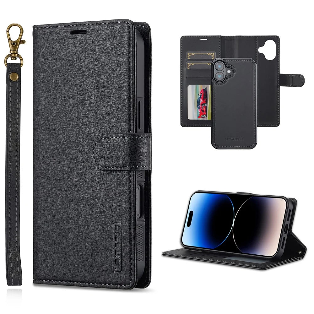 LC.IMEEKE L2 Series for iPhone 16 Plus Case PU Leather Wallet Detachable Magnetic Phone Cover - Black - 1