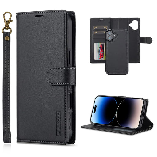LC.IMEEKE L2 Series for iPhone 16 Plus Case PU Leather Wallet Detachable Magnetic Phone Cover - Black - 1