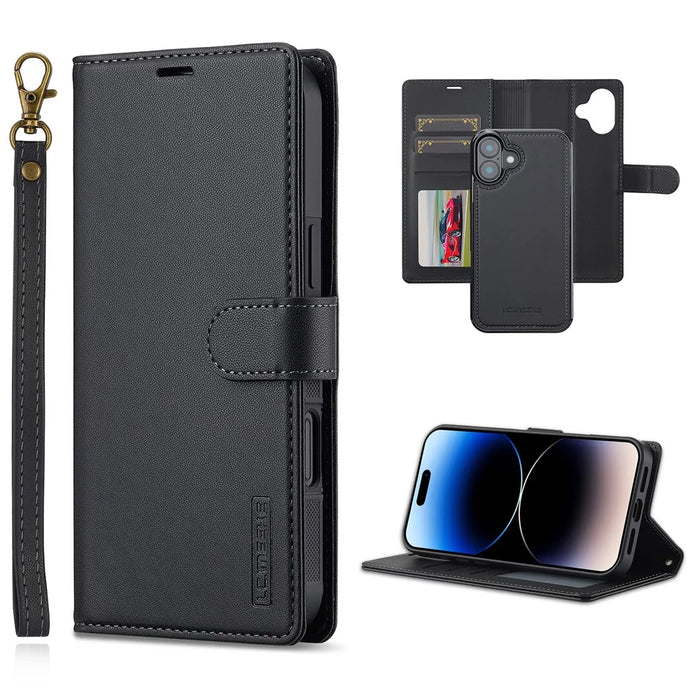 LC.IMEEKE L2 Series for iPhone 16 Plus Case PU Leather Wallet Detachable Magnetic Phone Cover - Black - 1