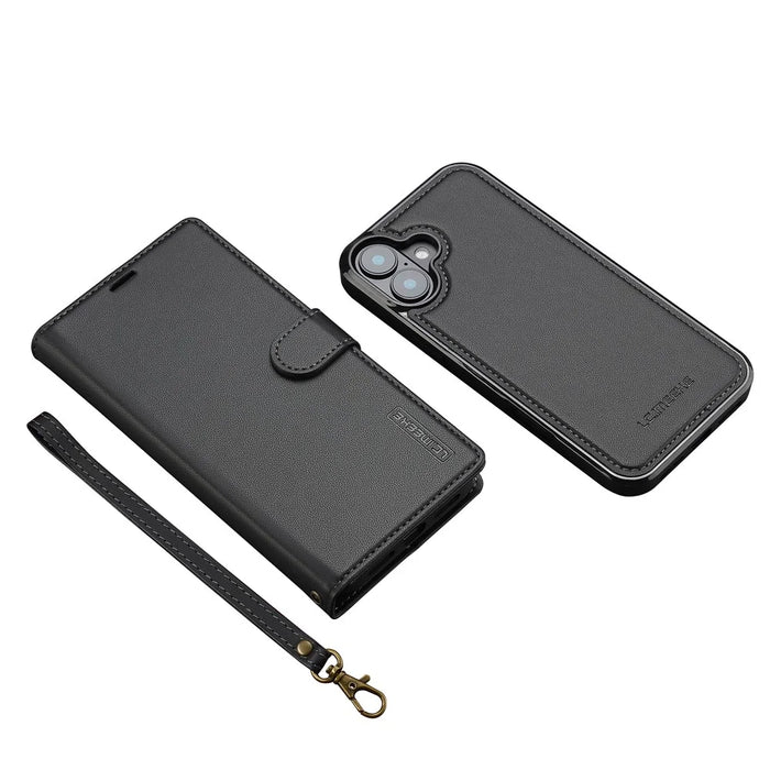 LC.IMEEKE L2 Series for iPhone 16 Plus Case PU Leather Wallet Detachable Magnetic Phone Cover - Black - 6