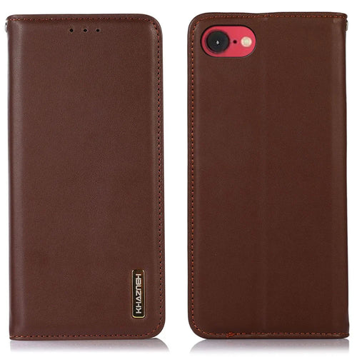 KHAZNEH For iPhone 17e / 16e Case Genuine Cow Leather Wallet Phone Cover Nappa Texture - Brown - 1