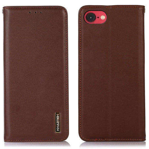 KHAZNEH For iPhone 17e / 16e Case Genuine Cow Leather Wallet Phone Cover Nappa Texture - Brown - 1