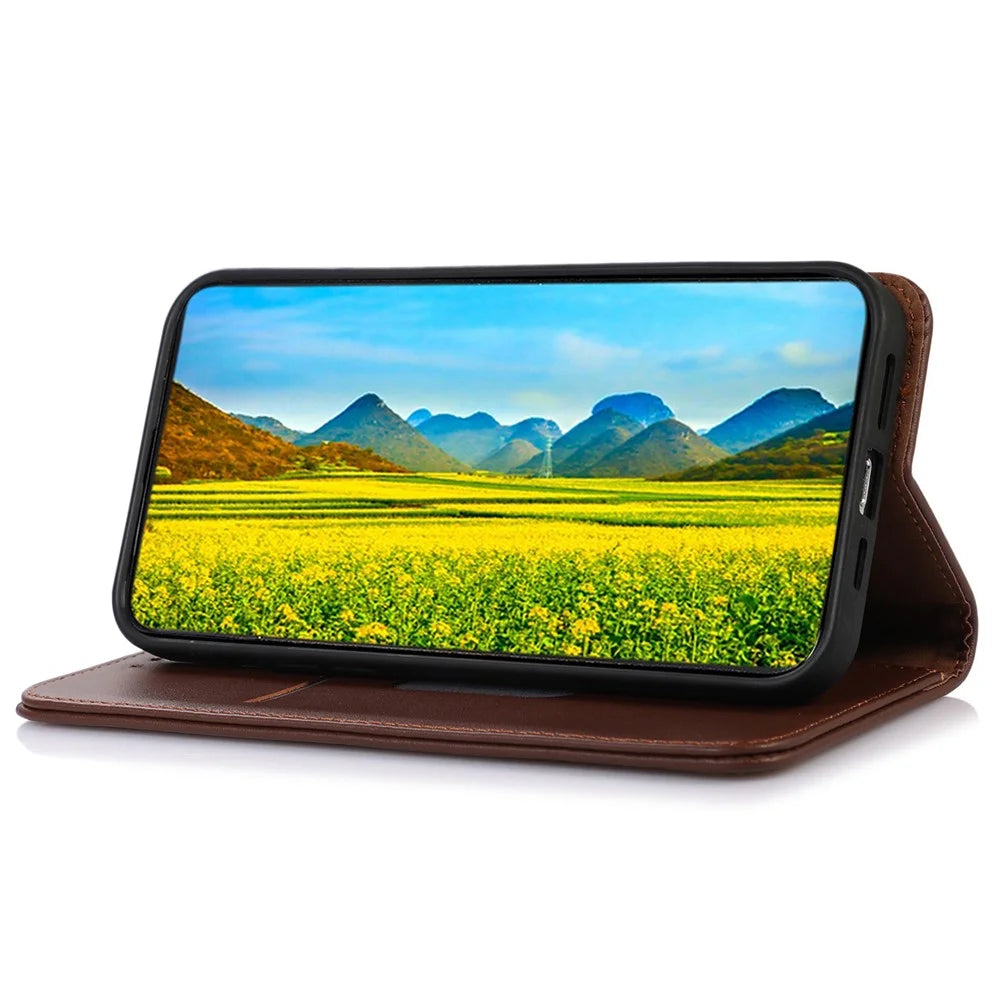 KHAZNEH For iPhone 17e / 16e Case Genuine Cow Leather Wallet Phone Cover Nappa Texture - Brown - 3