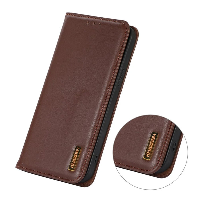 KHAZNEH For iPhone 17e / 16e Case Genuine Cow Leather Wallet Phone Cover Nappa Texture - Brown - 4