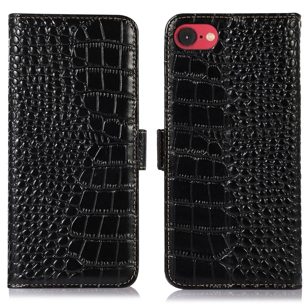 For iPhone 17e / 16e Case Crocodile Texture Genuine Cow Leather Phone Wallet Cover - Black - 1