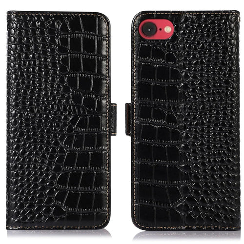 For iPhone 17e / 16e Case Crocodile Texture Genuine Cow Leather Phone Wallet Cover - Black - 1