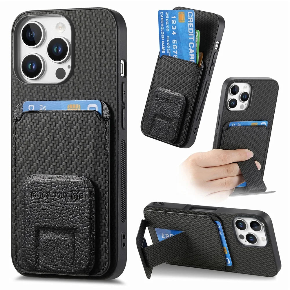 C1-11 for iPhone 16 Pro Case Card Holder Carbon Fiber Texture Leather Coated TPU Phone Cover - Black - 1