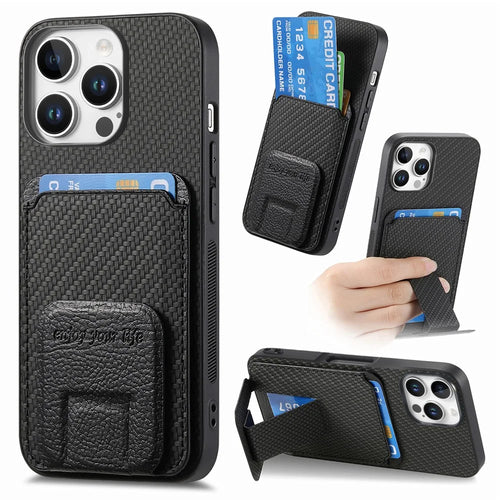 C1-11 for iPhone 16 Pro Case Card Holder Carbon Fiber Texture Leather Coated TPU Phone Cover - Black - 1