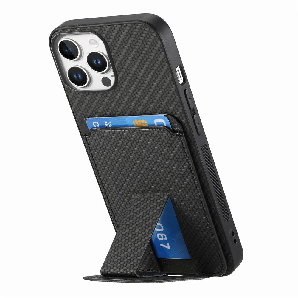 C1-11 for iPhone 16 Pro Case Card Holder Carbon Fiber Texture Leather Coated TPU Phone Cover - Black - 2