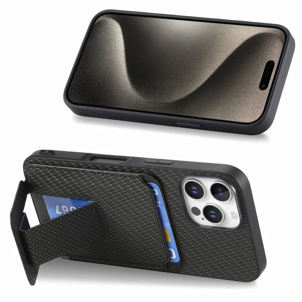 C1-11 for iPhone 16 Pro Case Card Holder Carbon Fiber Texture Leather Coated TPU Phone Cover - Black - 3