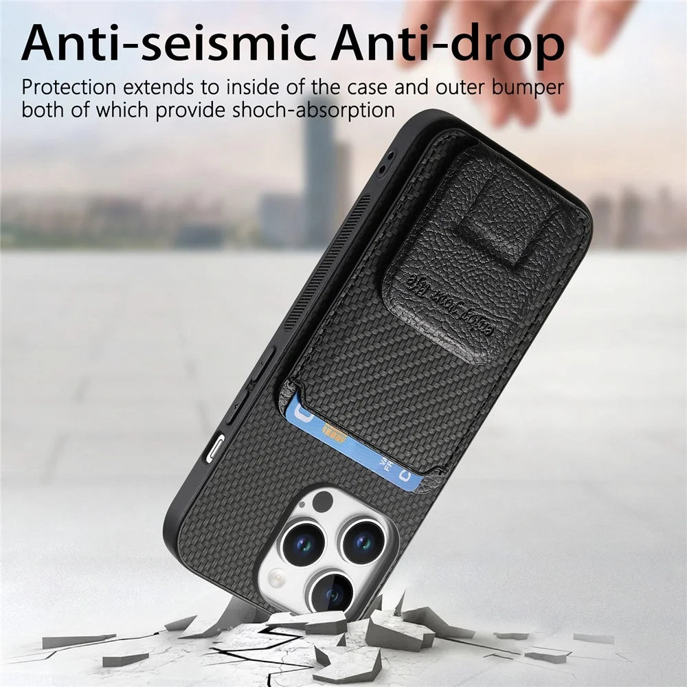 C1-11 for iPhone 16 Pro Case Card Holder Carbon Fiber Texture Leather Coated TPU Phone Cover - Black - 4