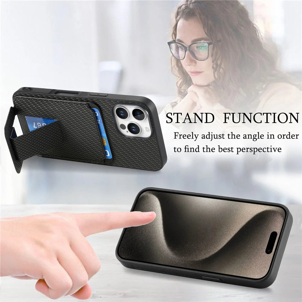 C1-11 for iPhone 16 Pro Case Card Holder Carbon Fiber Texture Leather Coated TPU Phone Cover - Black - 6