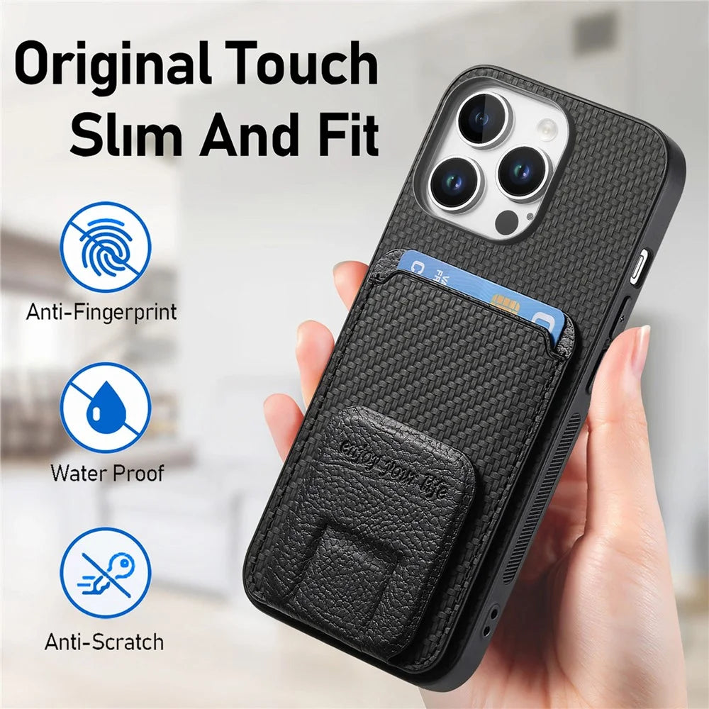 C1-11 for iPhone 16 Pro Case Card Holder Carbon Fiber Texture Leather Coated TPU Phone Cover - Black - 7