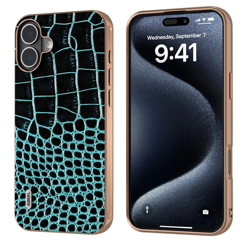 ABEEL For iPhone 16 Case Electroplating Edge Crocodile Texture Genuine Cow Leather Back Phone Cover - Midnight Green - 1