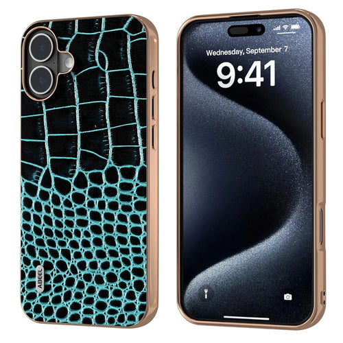 ABEEL For iPhone 16 Case Electroplating Edge Crocodile Texture Genuine Cow Leather Back Phone Cover - Midnight Green - 1
