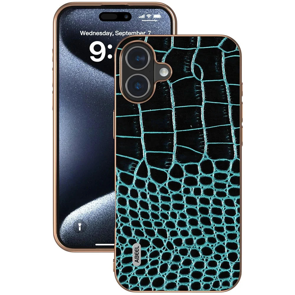 ABEEL For iPhone 16 Case Electroplating Edge Crocodile Texture Genuine Cow Leather Back Phone Cover - Midnight Green - 2