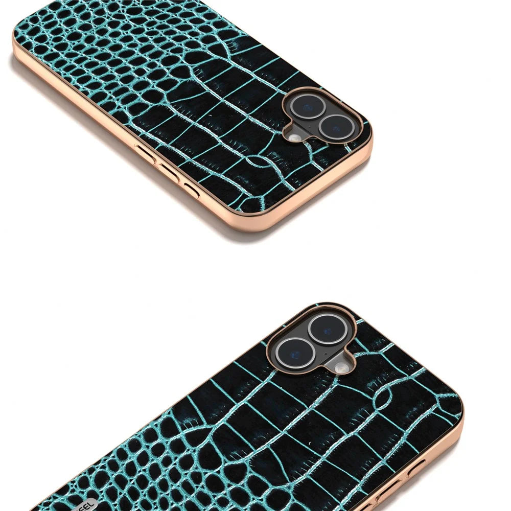 ABEEL For iPhone 16 Case Electroplating Edge Crocodile Texture Genuine Cow Leather Back Phone Cover - Midnight Green - 3
