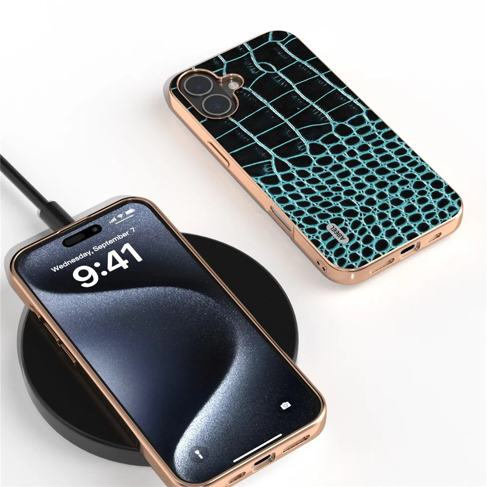 ABEEL For iPhone 16 Case Electroplating Edge Crocodile Texture Genuine Cow Leather Back Phone Cover - Midnight Green - 4