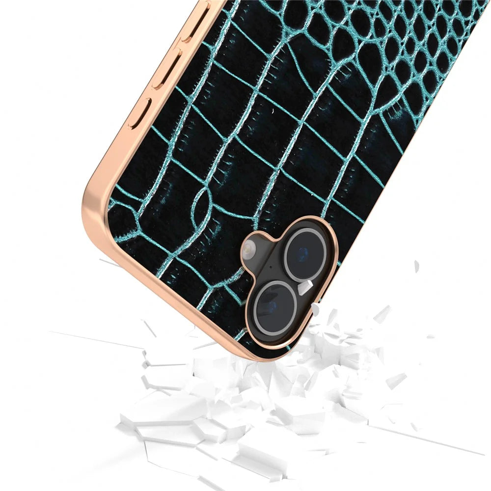 ABEEL For iPhone 16 Case Electroplating Edge Crocodile Texture Genuine Cow Leather Back Phone Cover - Midnight Green - 5