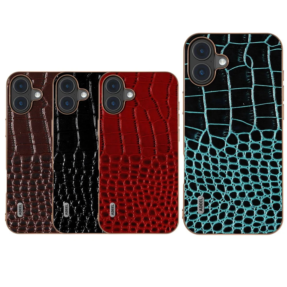 ABEEL For iPhone 16 Case Electroplating Edge Crocodile Texture Genuine Cow Leather Back Phone Cover - Midnight Green - 6
