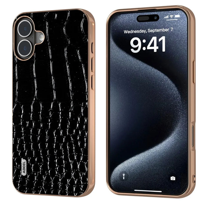 ABEEL For iPhone 16 Plus Case Electroplating Edge Crocodile Texture Genuine Cow Leather Back Phone Cover - Black - 1