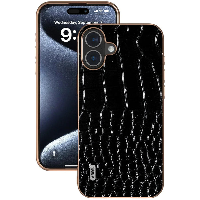 ABEEL For iPhone 16 Plus Case Electroplating Edge Crocodile Texture Genuine Cow Leather Back Phone Cover - Black - 2
