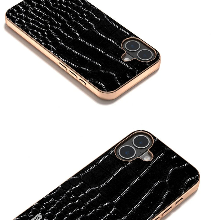 ABEEL For iPhone 16 Plus Case Electroplating Edge Crocodile Texture Genuine Cow Leather Back Phone Cover - Black - 3