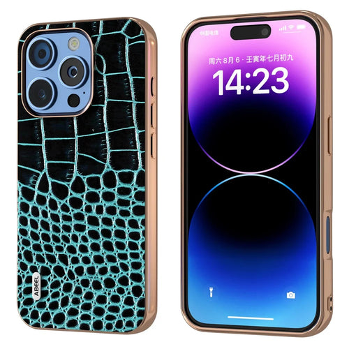 ABEEL For iPhone 16 Pro Case Electroplating Edge Crocodile Texture Genuine Cow Leather Back Phone Cover - Midnight Green - 1